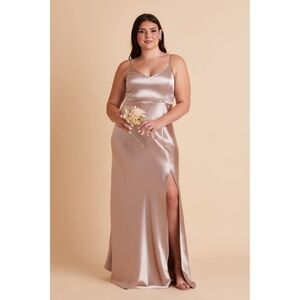 Birdy Gray Jay Bridesmaid Maxi Dress In Shiny Satin Taupe